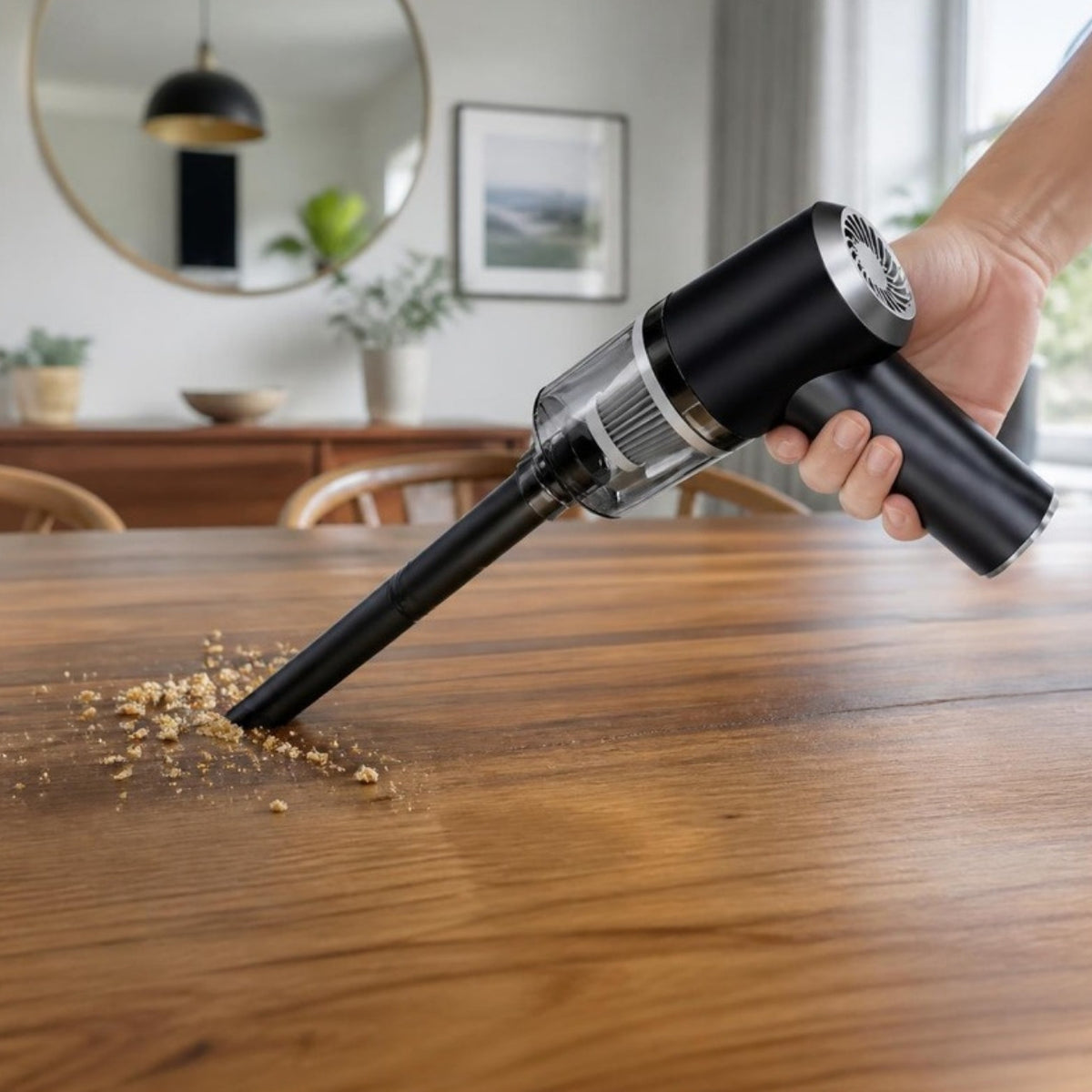 Aspirador limpando migalhas da mesa em casa