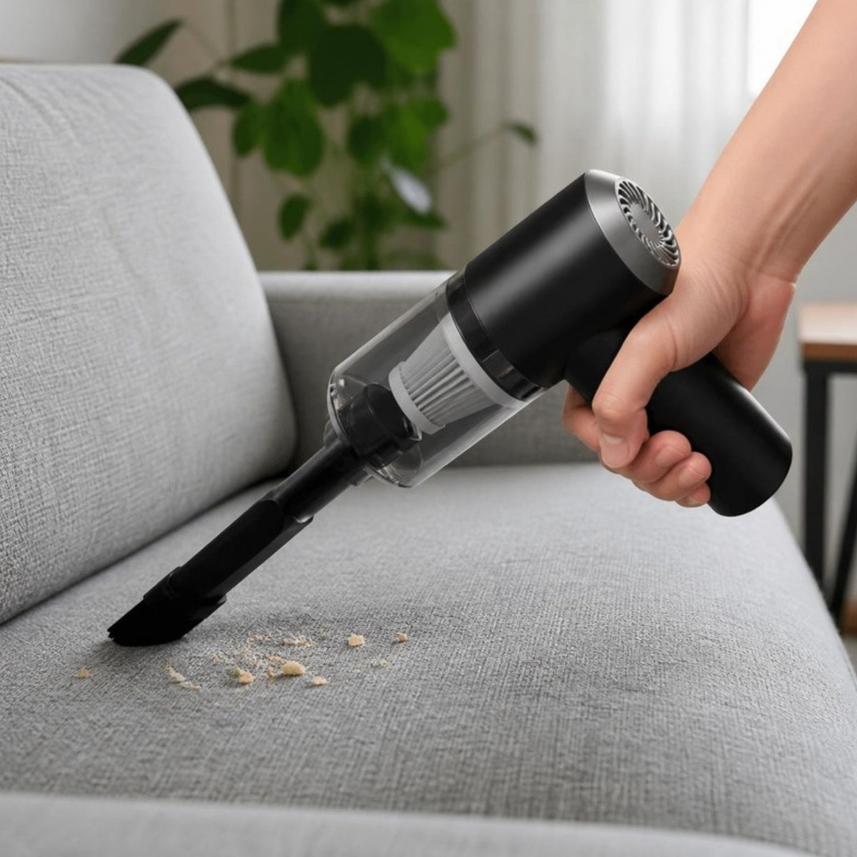 Aspirador portatil limpando o sofa em casa