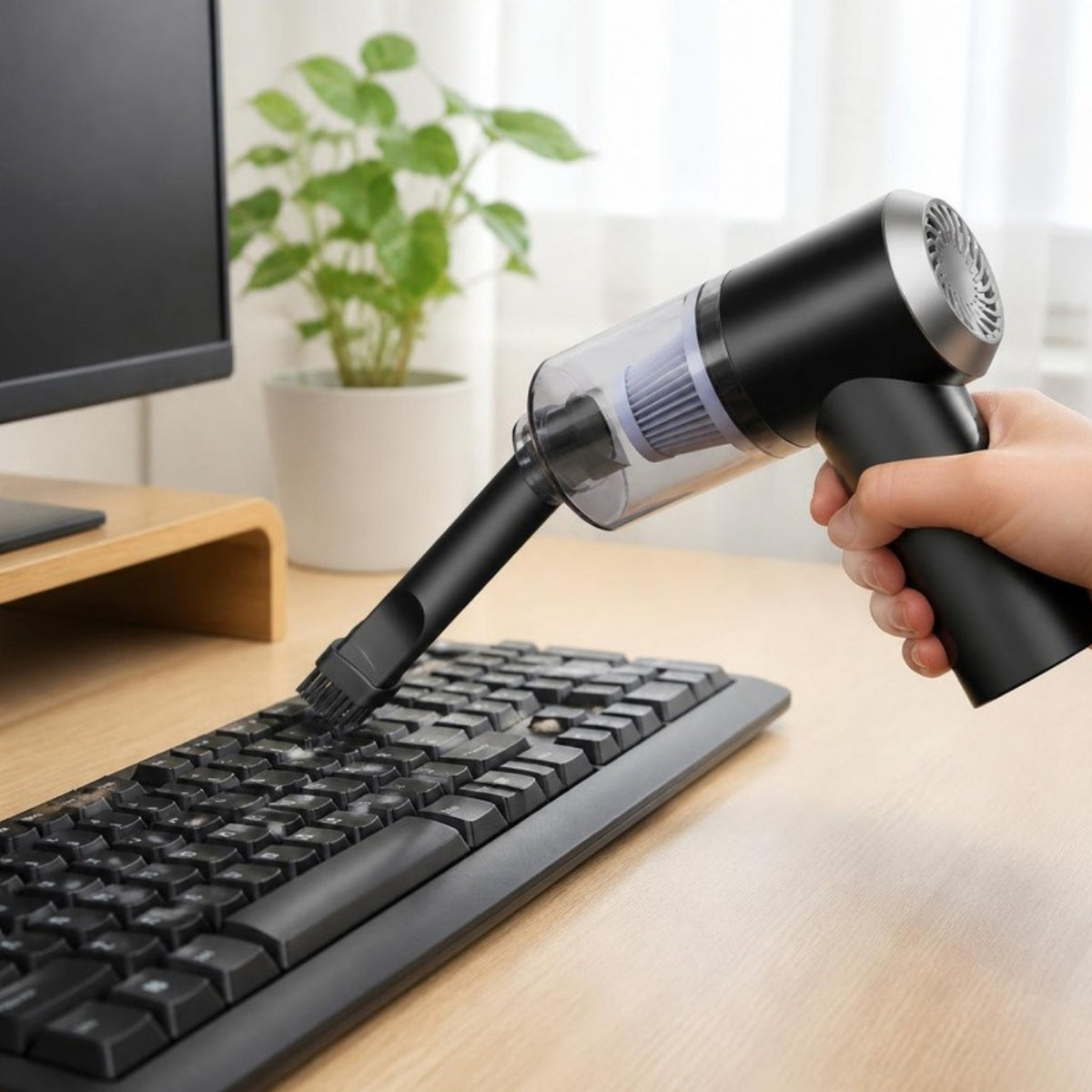 Aspirador portatil limpando o teclado em casa