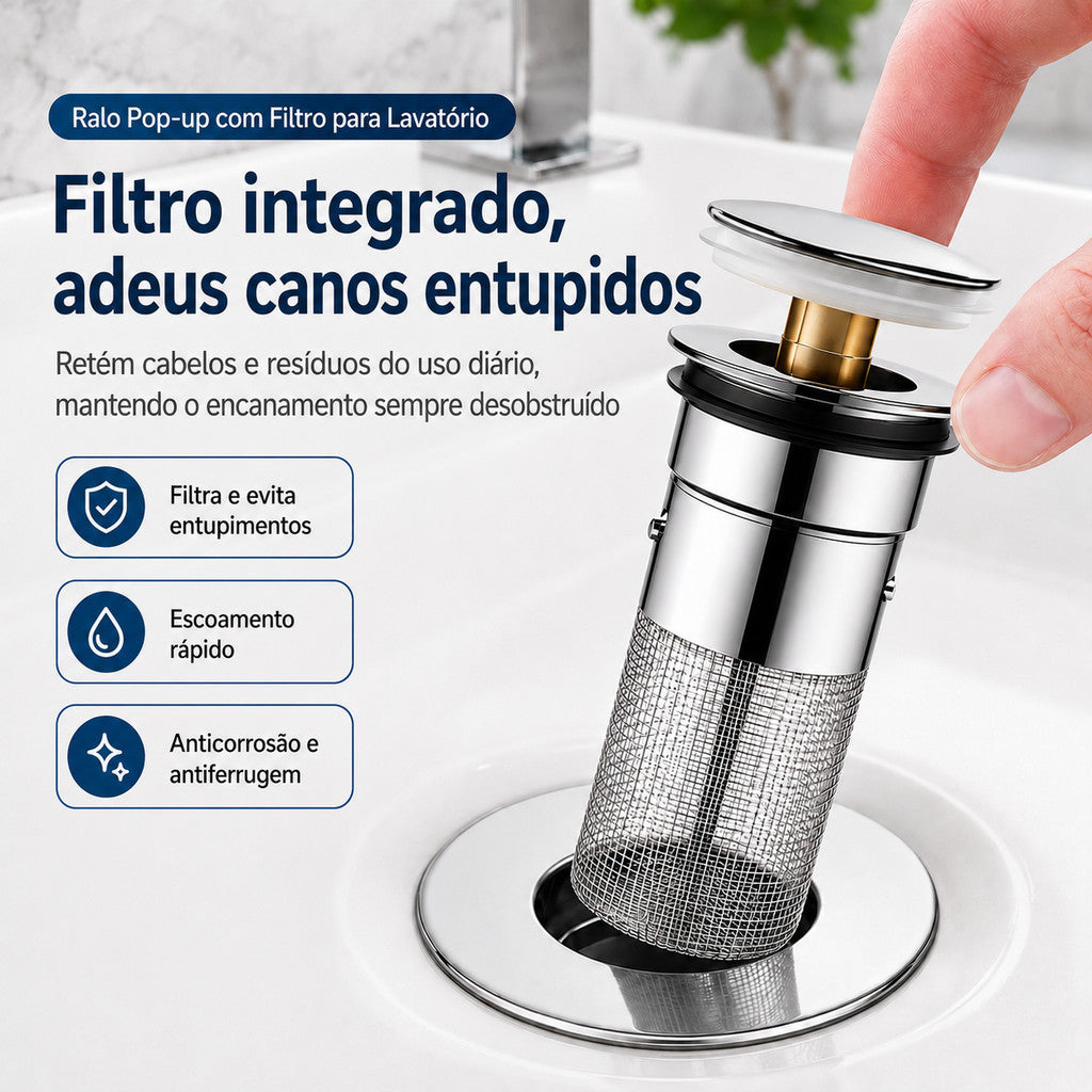 Filtro integrado anti-entupimento na pia